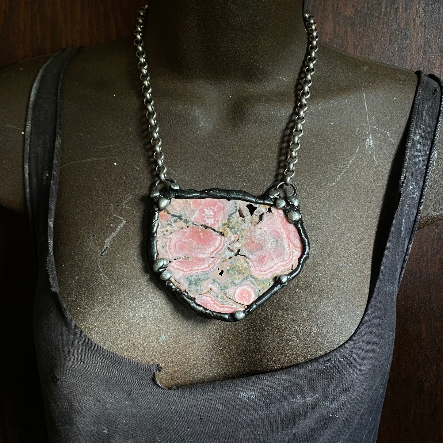 Inca Rose ~ XL Rhodochrosite with Pyrite Slab Necklace ~ Reversible