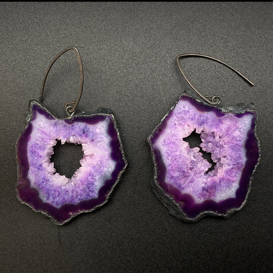 Openings ~ Agate Geode Slice Earrings Oxidized Silver Wires ~ Your Choice