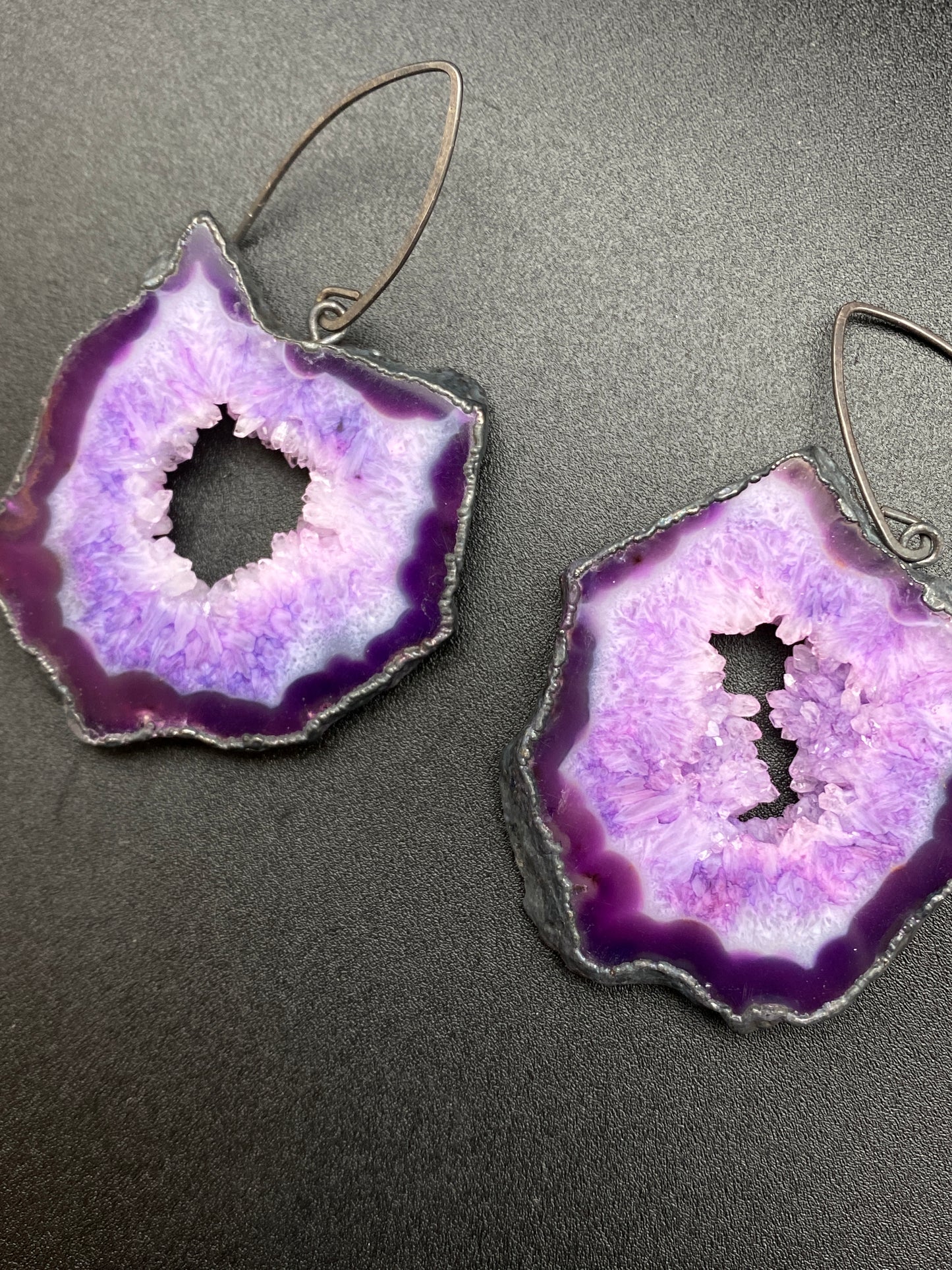 Openings ~ Agate Geode Slice Earrings Oxidized Silver Wires ~ Your Choice